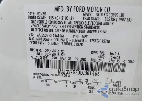 2020 Ford Ecosport Se из США, поврежденный, VIN MAJ3S2GE0LC361466